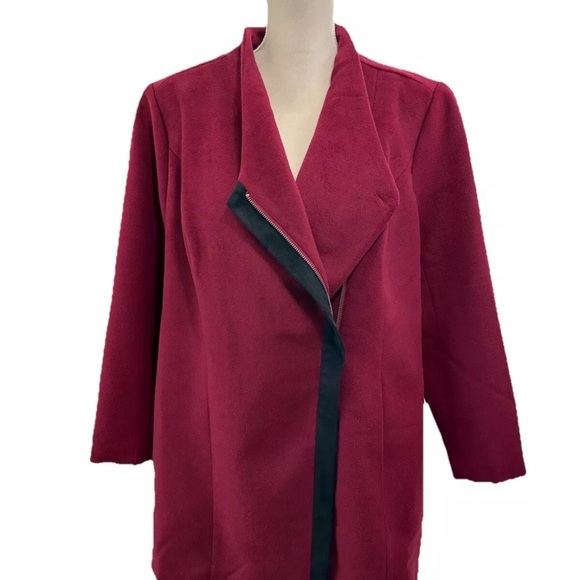 NWOT H by Halston Maroon Pea Coat Women 18W Asymmetric Zip Faux Suede Lined - Picture 2 of 10